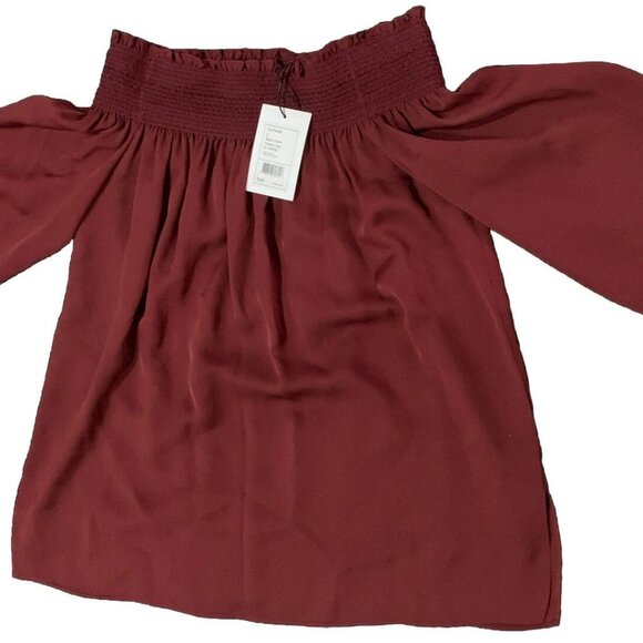 NWT Theory 100% Silk Elistaire Off The Shoulder Blouse Black Cherry Size Small - Picture 10 of 13